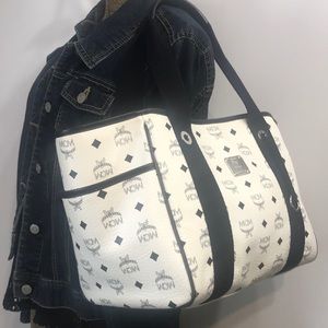 Rare Authentic MCM White & Black Leather Tote Bag